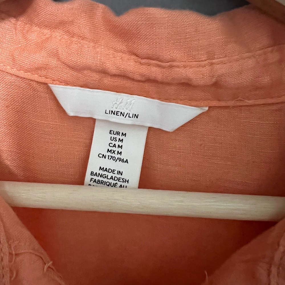 H&M Linen Button Down Shirt‎ Mens Medium Coral Long Sleeve Casual Relaxed Fit - Picture 3 of 5
